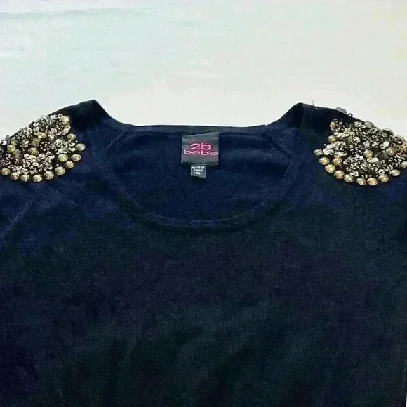 bebe Womens Black Sequins Round Neck Short Sleeve Sweater Top Academia Size XS - Picture 7 of 9